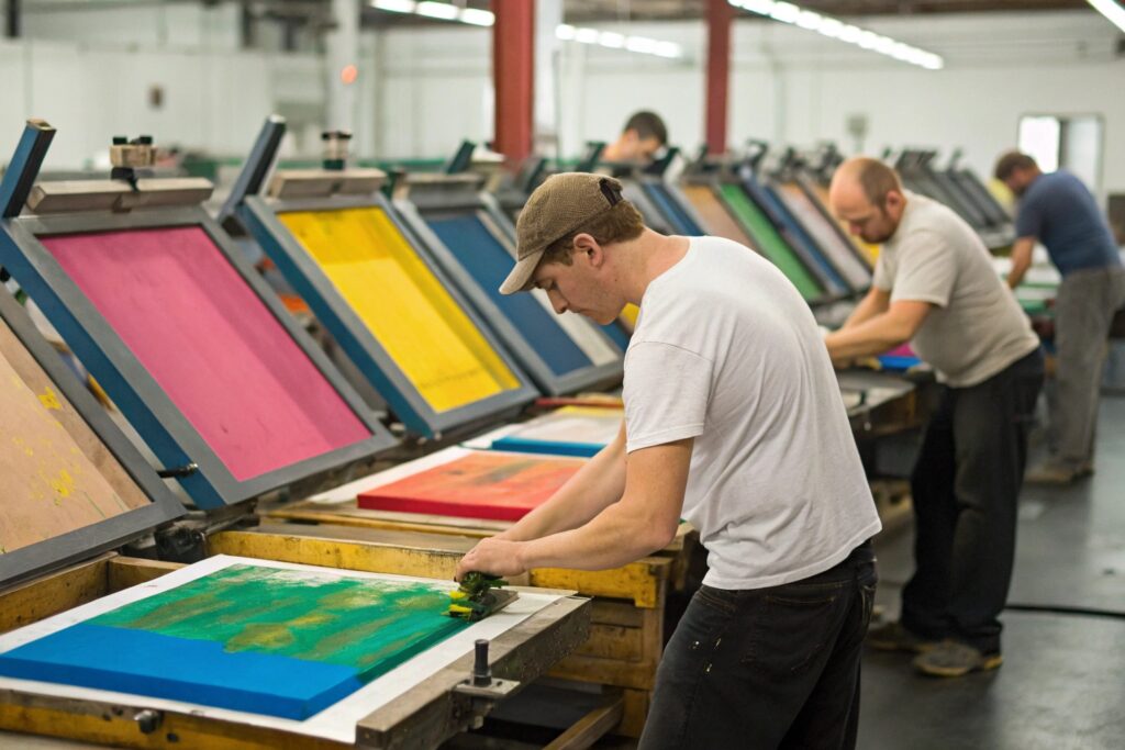 Workers in a professional screen printing workshop applying designs to fabric