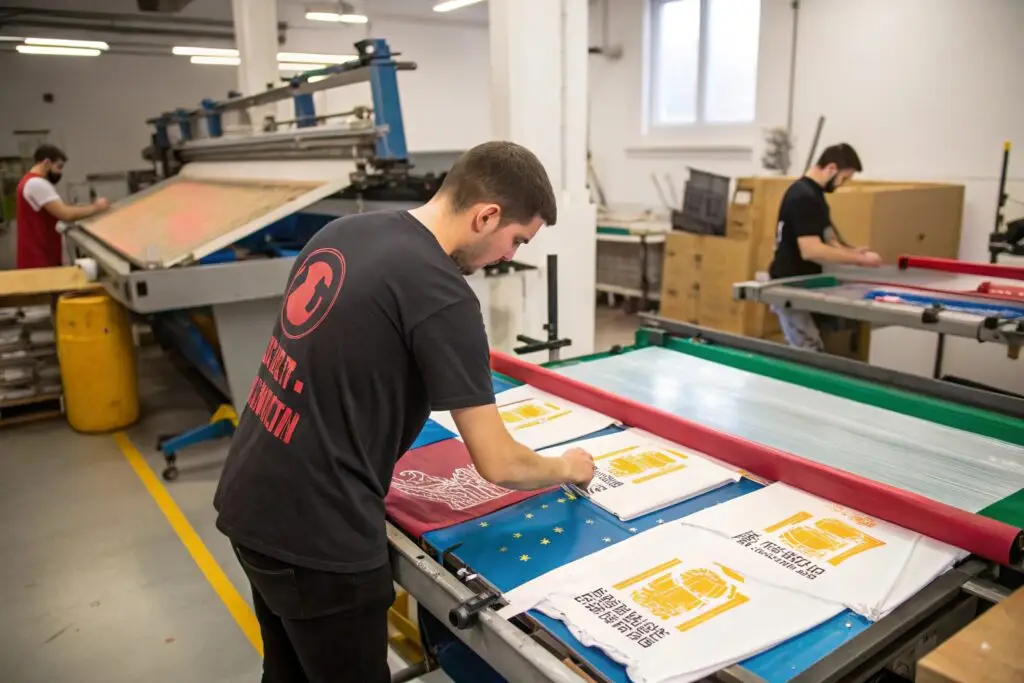 Professional screen printing workshop in action