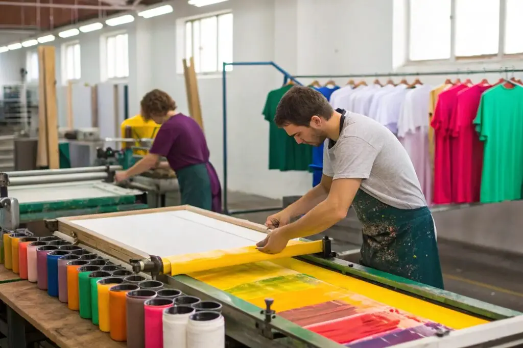 Professional screen printing workshop with workers applying vibrant ink