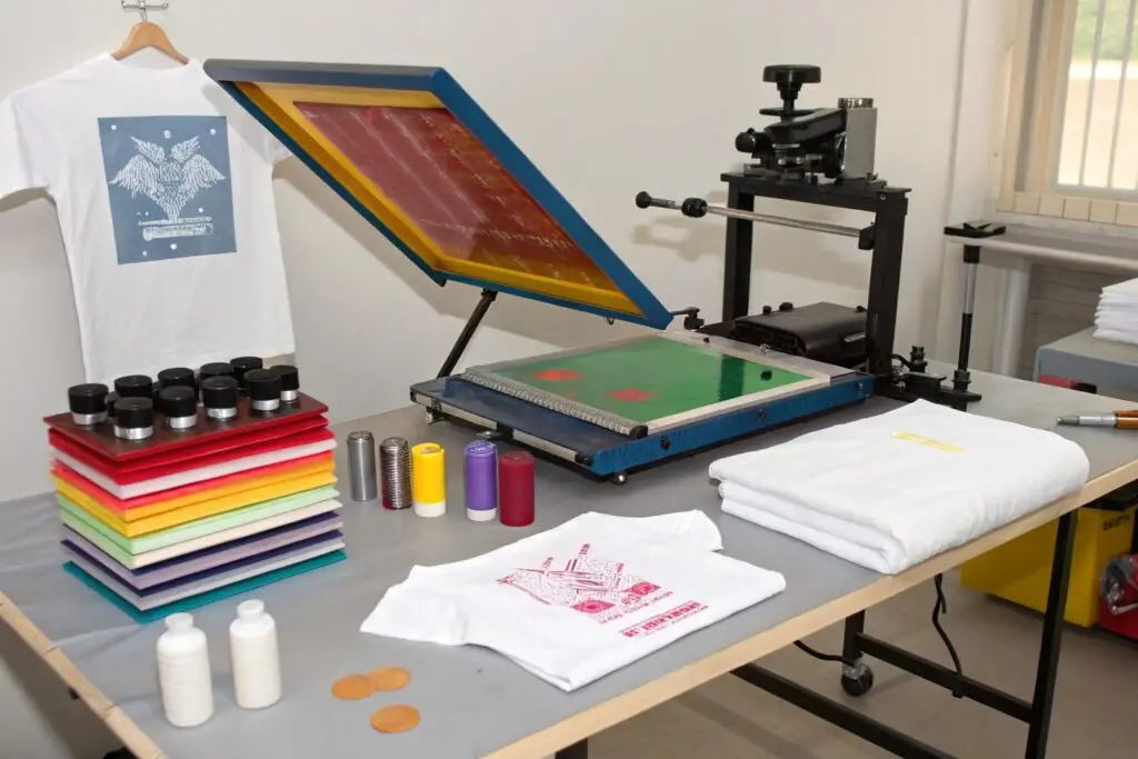 Professional screen printing workstation with t-shirts and colorful printing materials