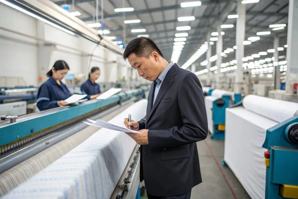 Quality inspection in a textile manufacturing factory with workers and fabric production