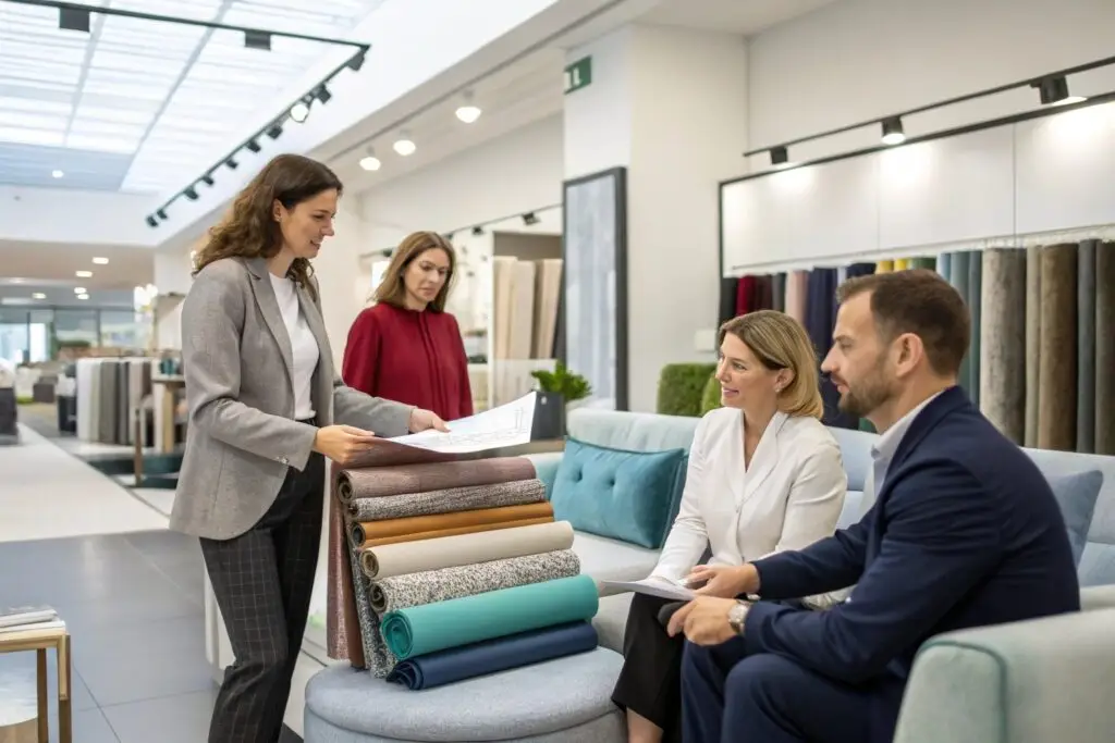 fabric vendor presenting textile options during sourcing meeting with buyers