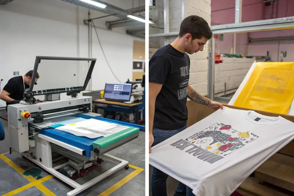 Professional t-shirt printing studio showcasing high-quality designs