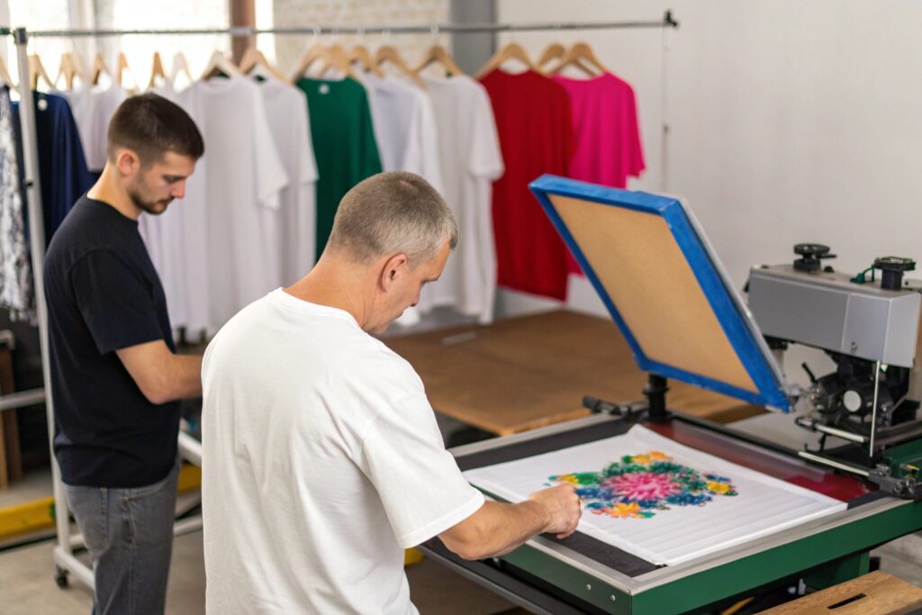 A professional T-shirt printing workshop with a diverse selection of blank shirts
