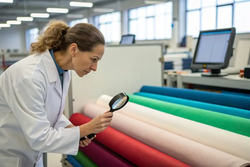 Textile expert inspecting fabric rolls for quality control
