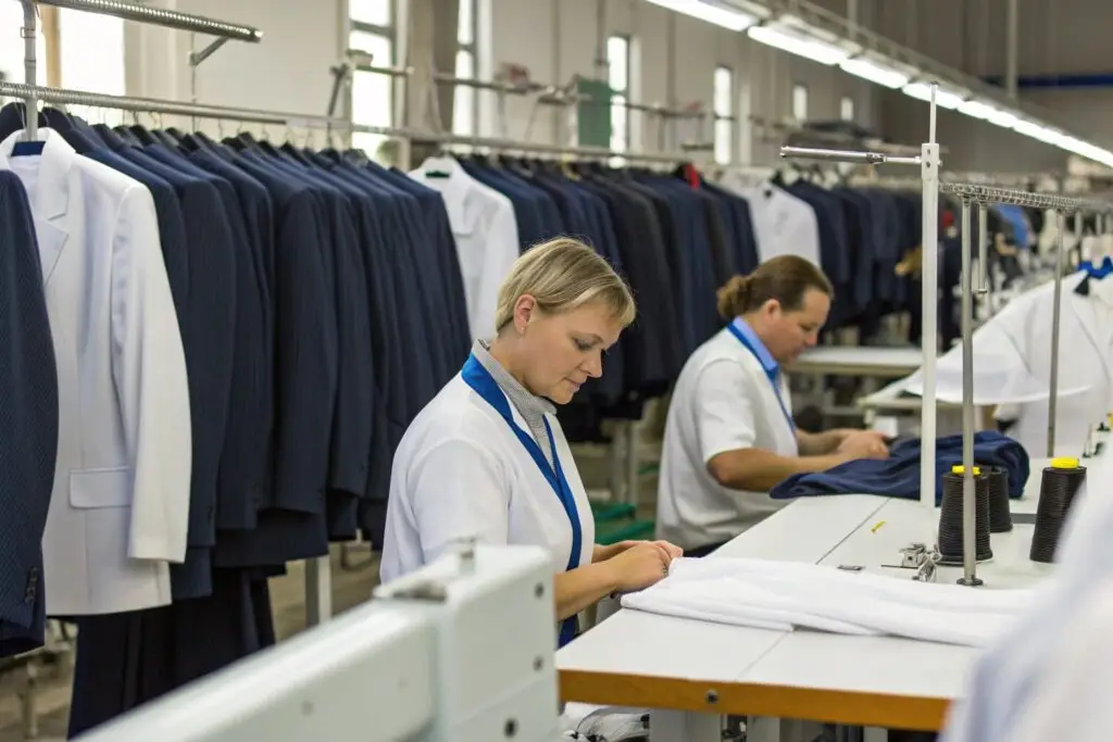 Workers assembling uniforms at a professional garment manufacturing facility
