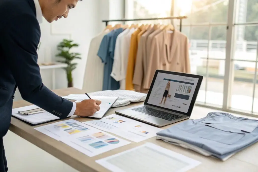 Fashion buyer analyzing clothing designs and fabric samples