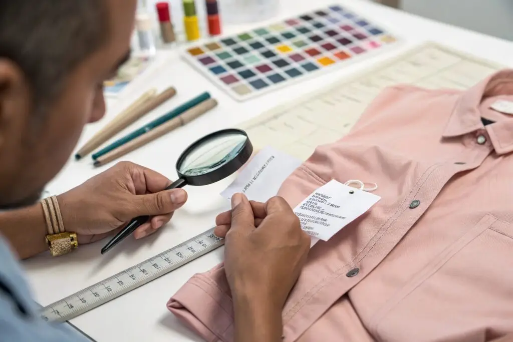 Quality control expert inspecting garment labels with a magnifying glass, ensuring accuracy
