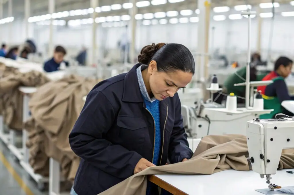 Quality control in clothing factory, worker inspecting fabric