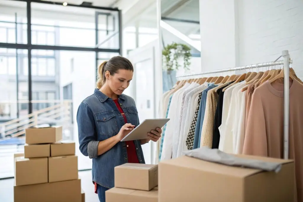 Woman managing clothing inventory in a modern store