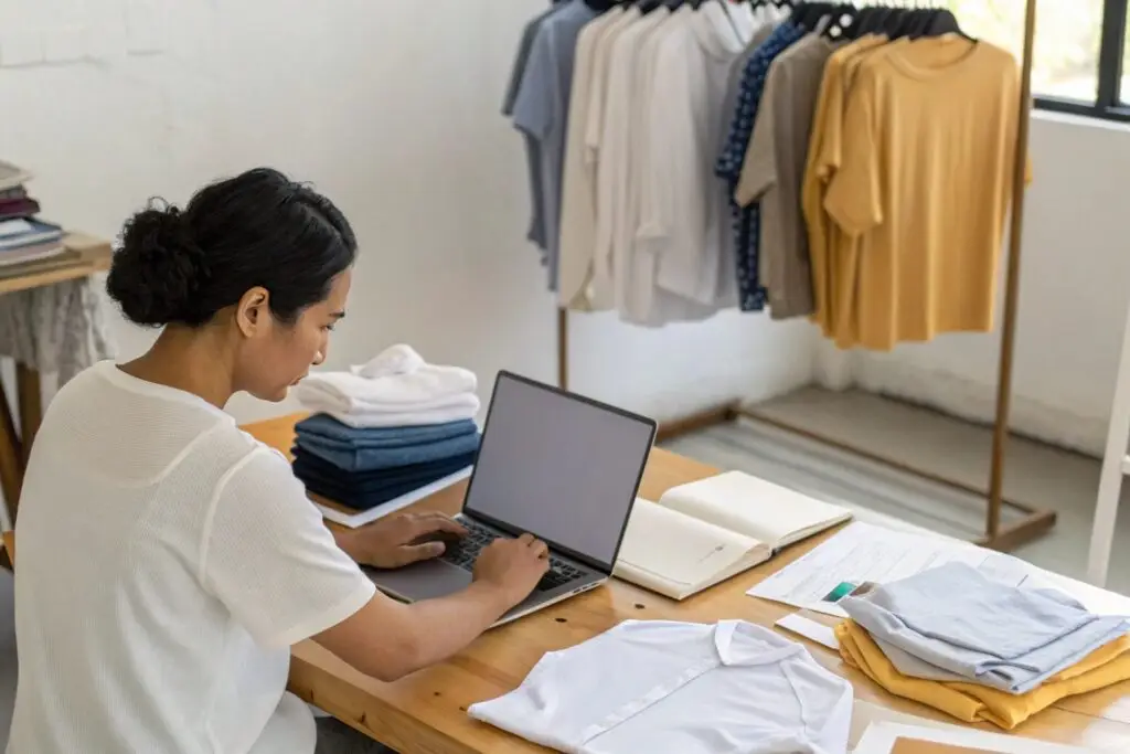 A small business owner managing clothing inventory on a laptop
