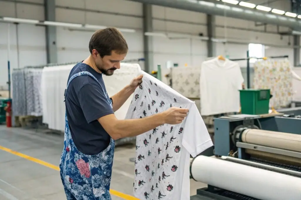 A worker inspecting a freshly printed fabric in a clothing factory