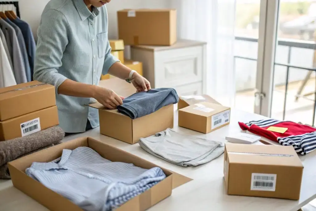 Worker packing clothing orders into cardboard boxes for shipping