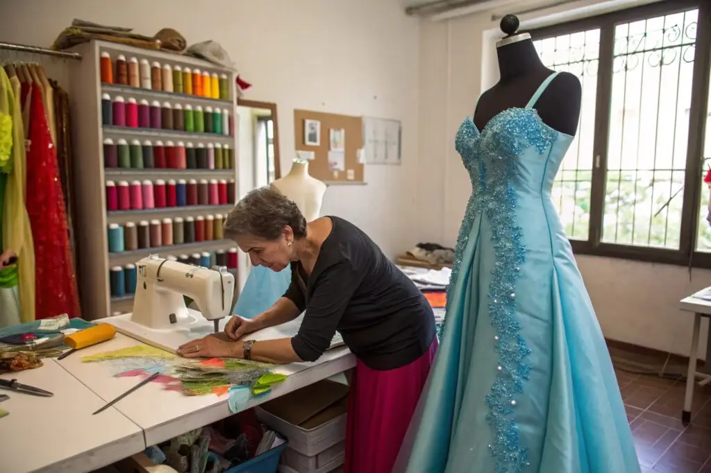 Seamstress designing a custom evening gown in a workshop