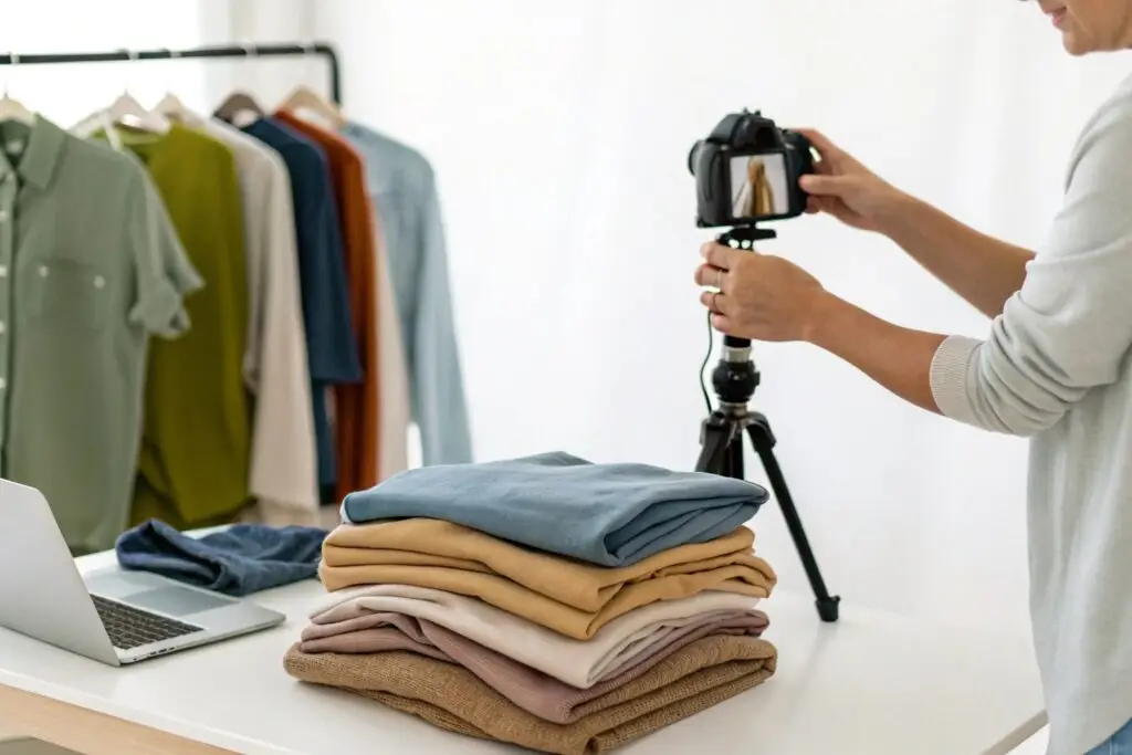 Photographer taking product photos of folded clothes for online store