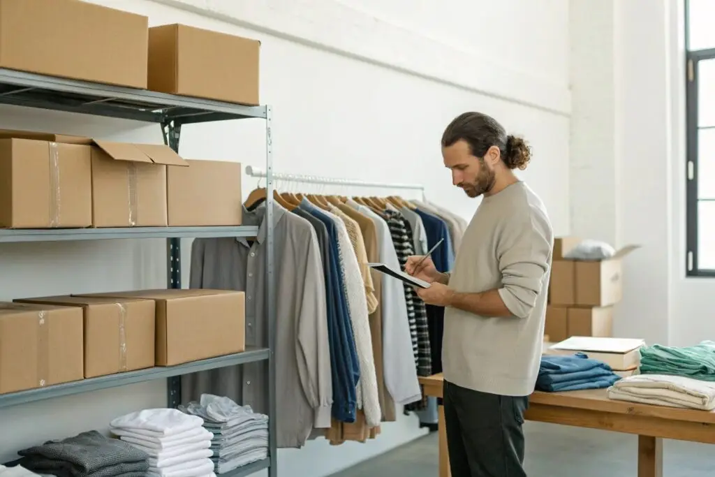Worker checking finished garments and packing boxes