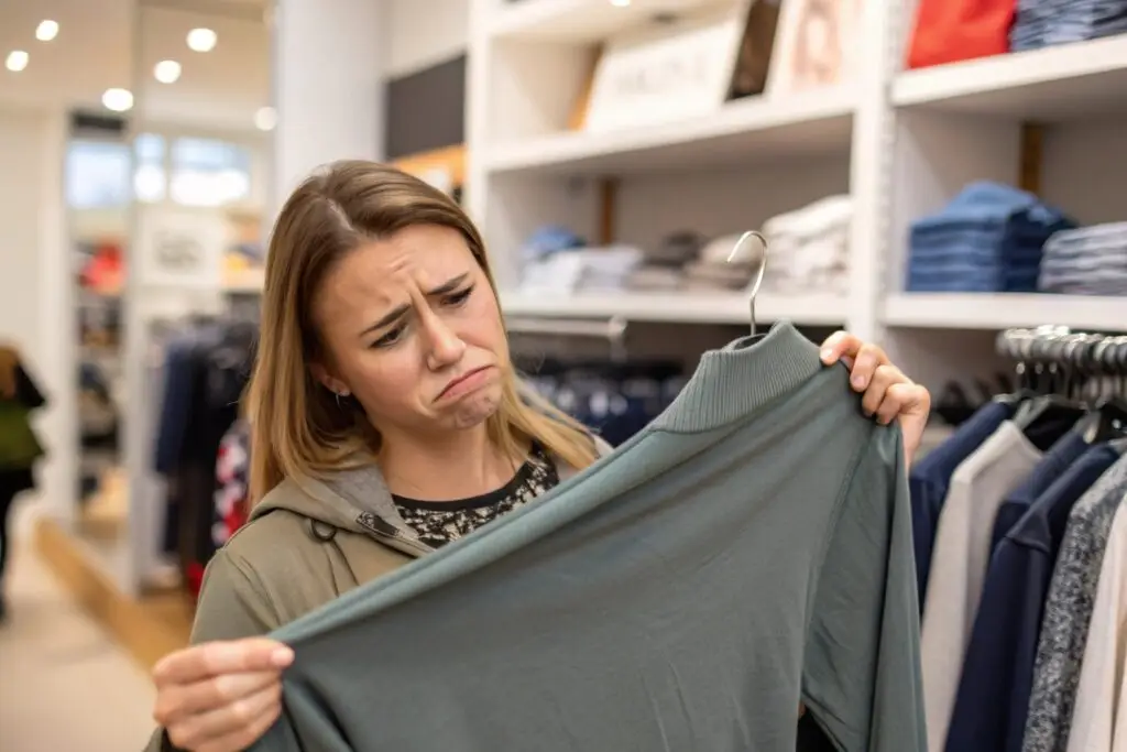 unhappy shopper stretching sweater in store to check fabric quality