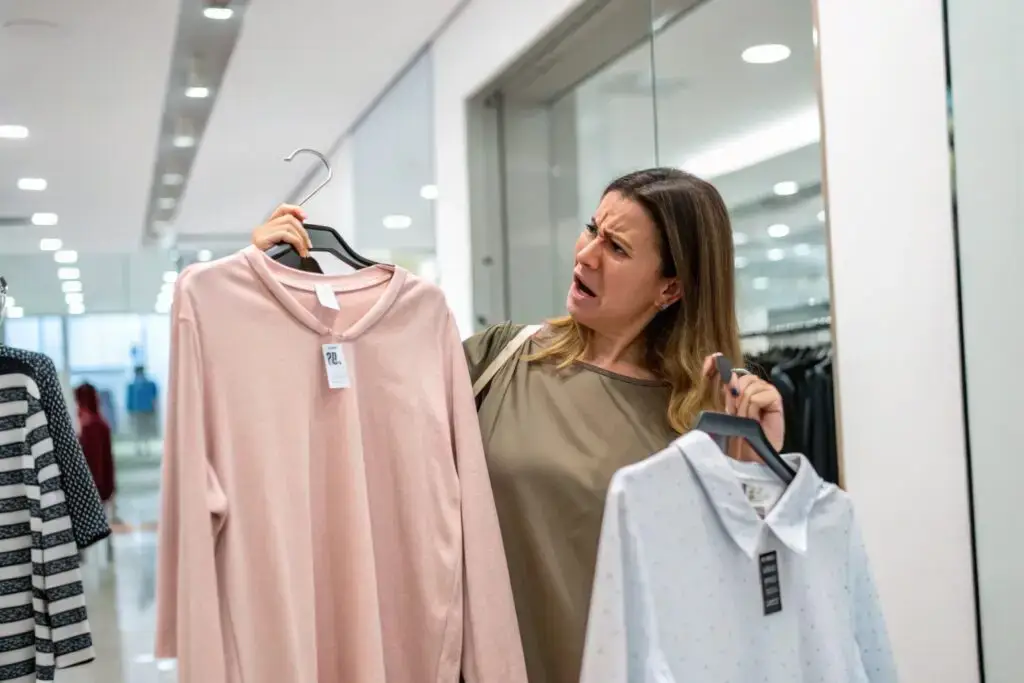 confused shopper comparing two similar garments in a fashion store