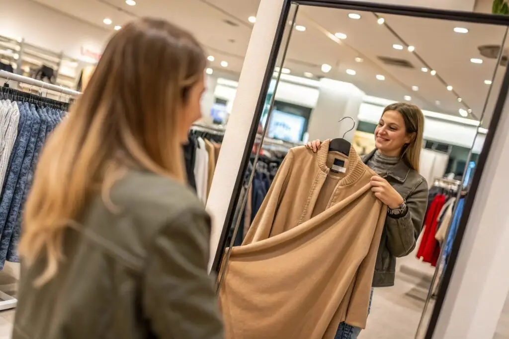 shopper checking fabric quality of coat in front of store mirror