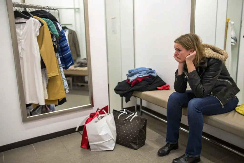 shopper looking frustrated in fitting room surrounded by clothing choices