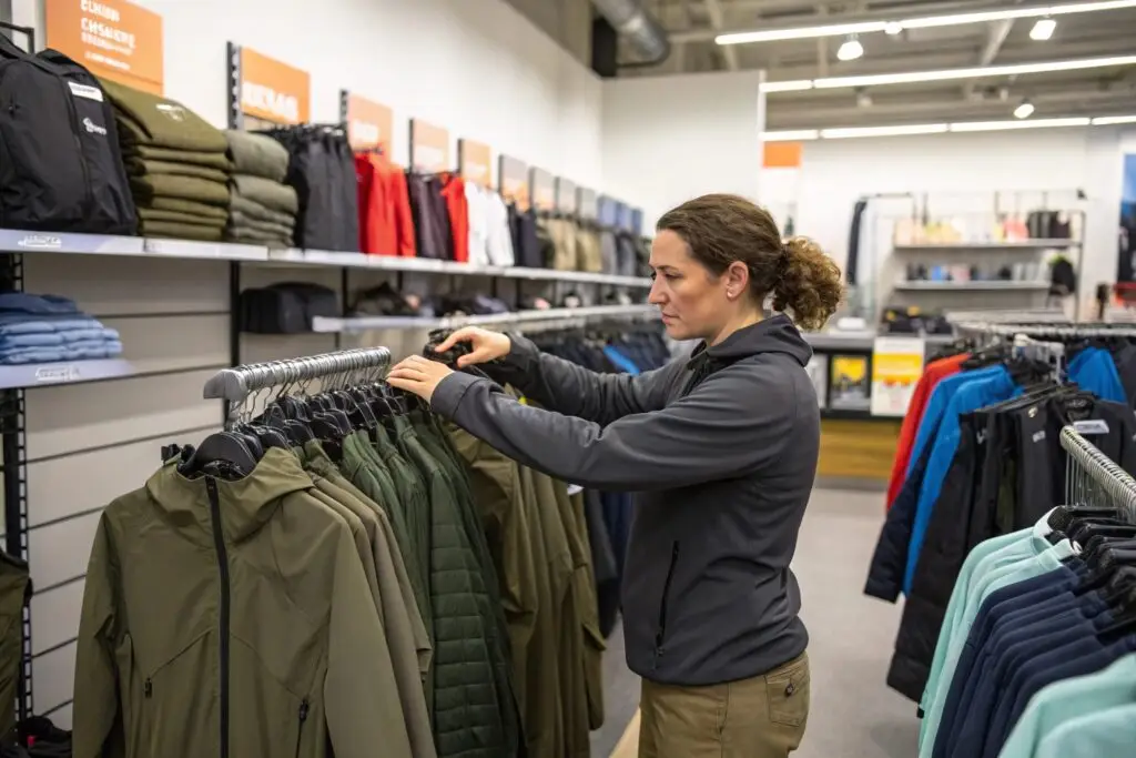 shopper browsing outdoor jackets on rack in clothing store