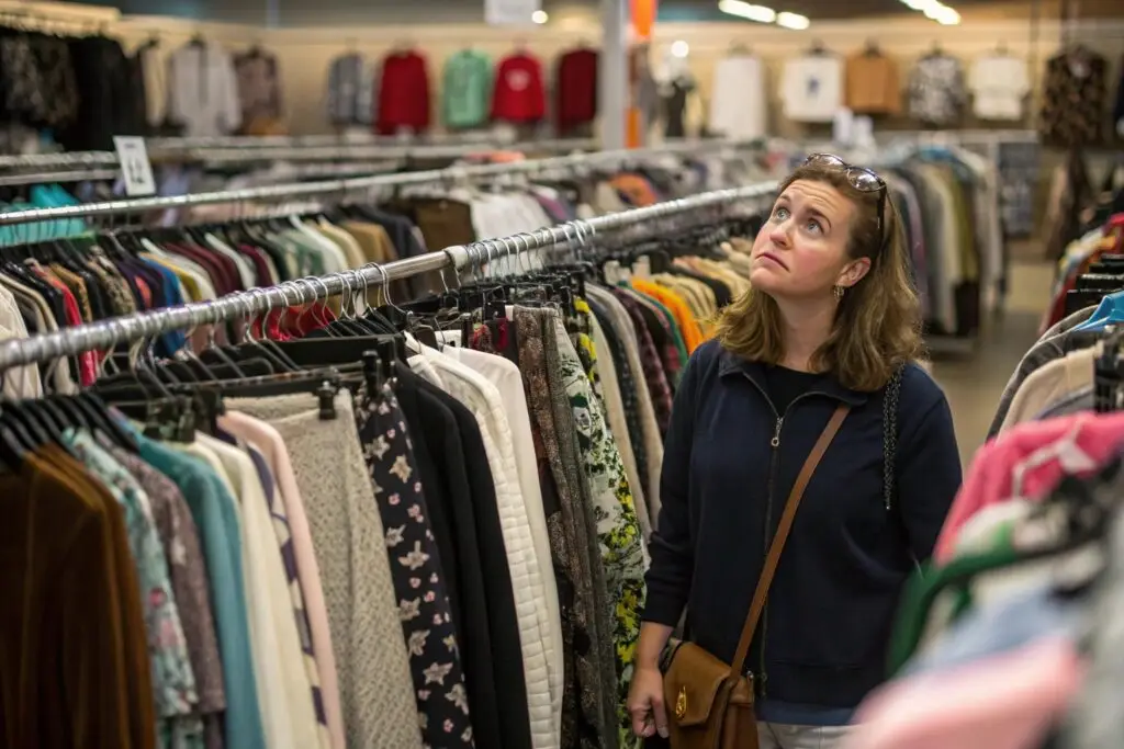 shopper browsing through crowded clothing racks in retail store