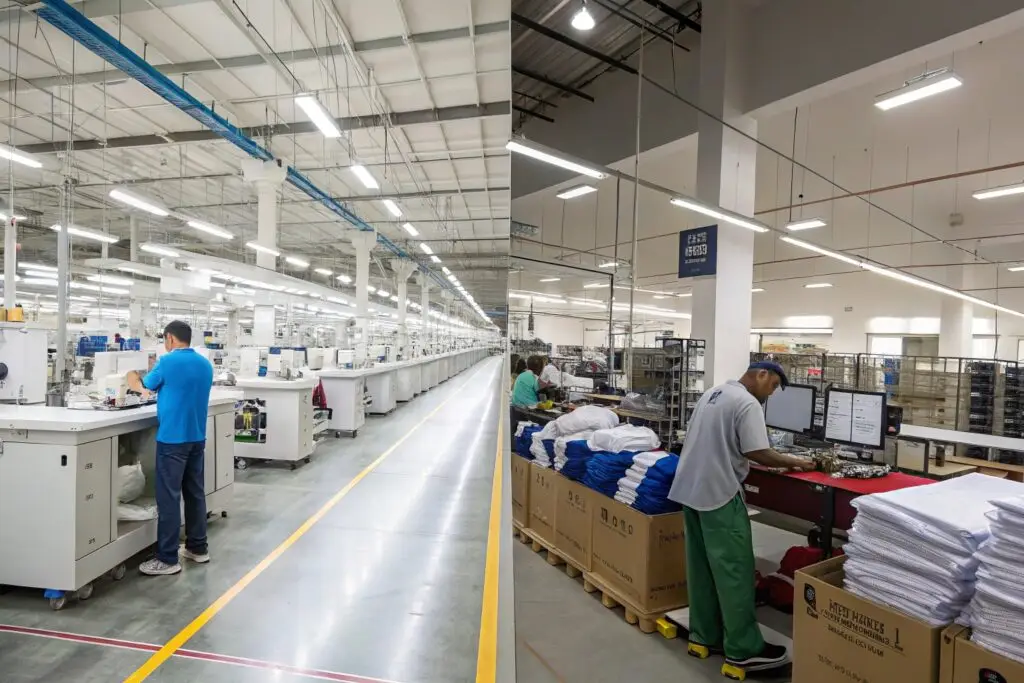 Side-by-side comparison of two clothing production facilities