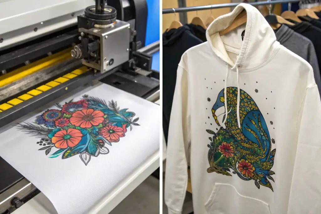 Comparison of direct-to-garment printing on fabric and final hoodie design