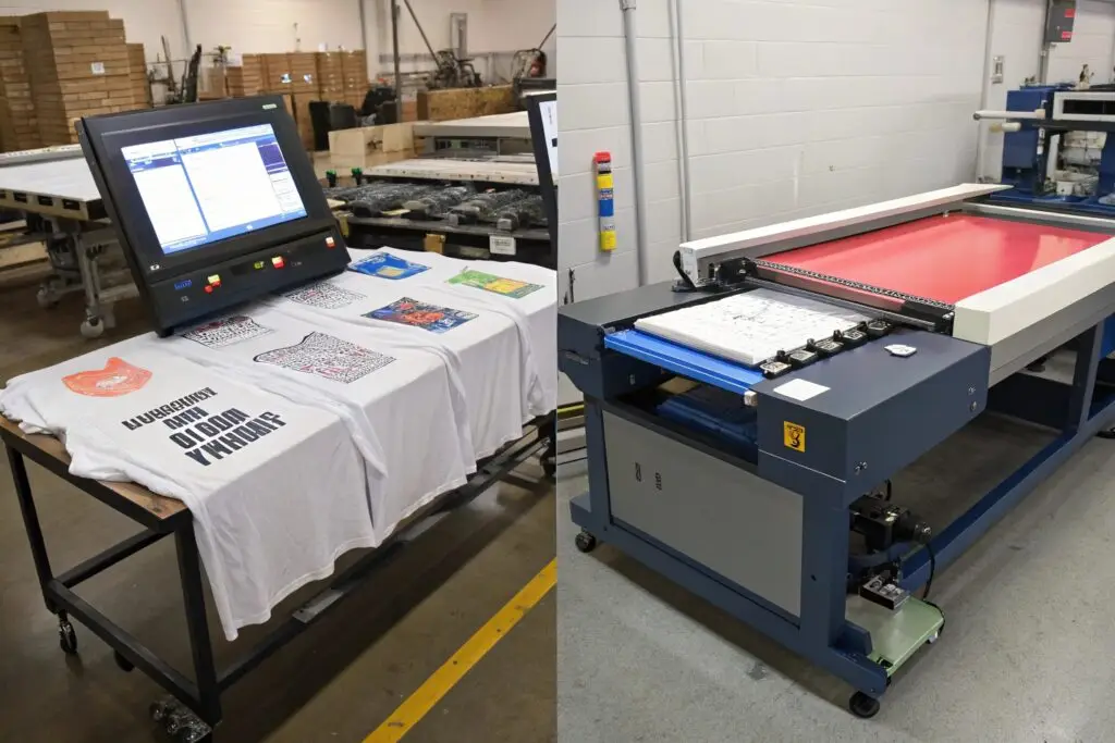 Comparison of two printing workstations, one with digital printing setup and another with screen printing machine