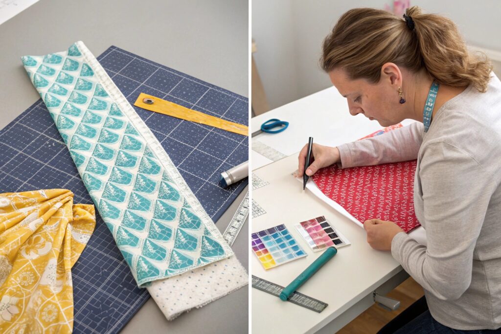 Textile designer reviewing fabric patterns and color swatches