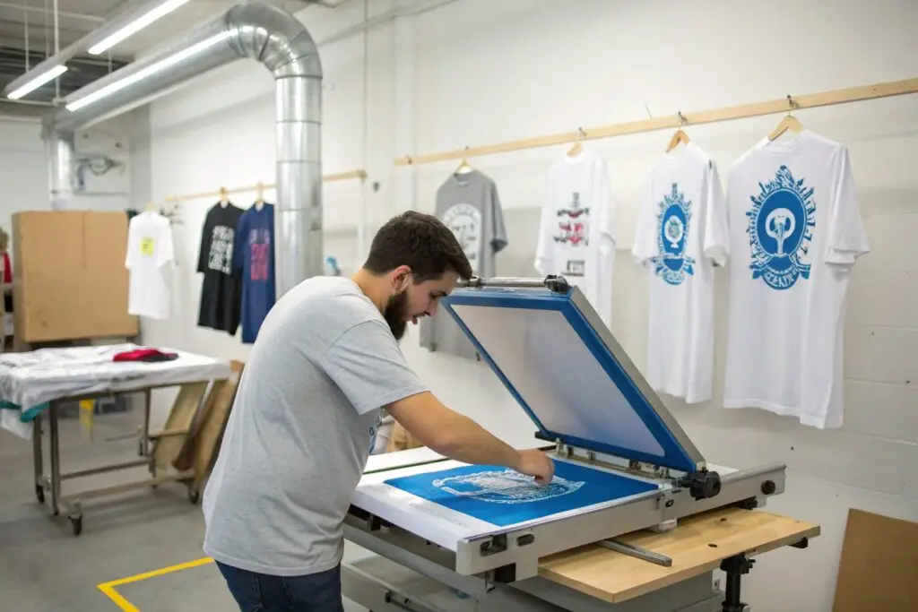Skilled worker printing a custom logo on a t-shirt