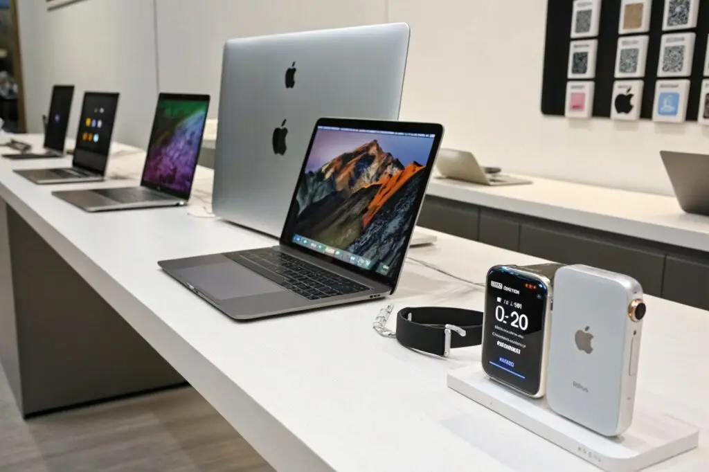 Apple devices displayed in a modern retail store
