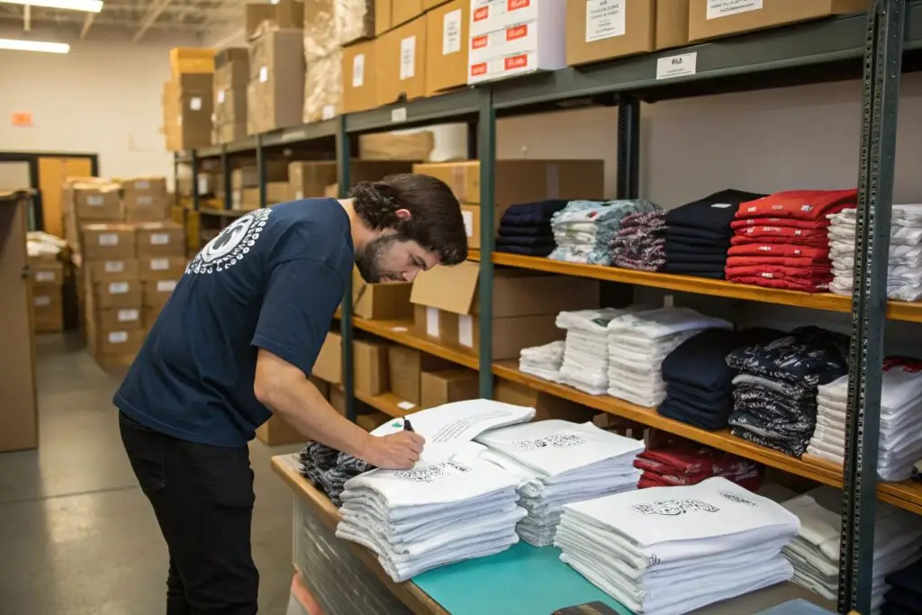 Small business owner organizing screen-printed t-shirts