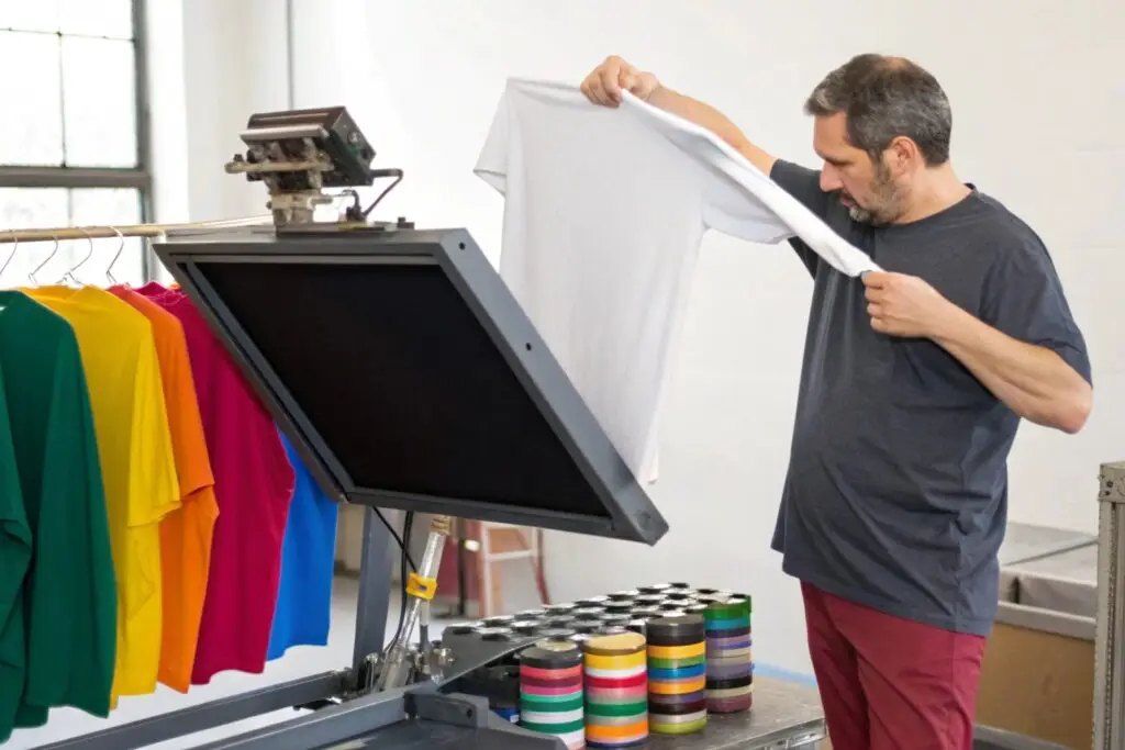 Small business owner inspecting heat press printed t-shirt