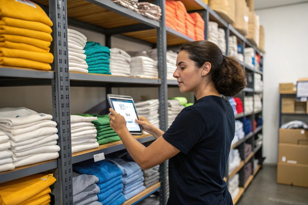Small business owner organizing fresh t-shirt inventory