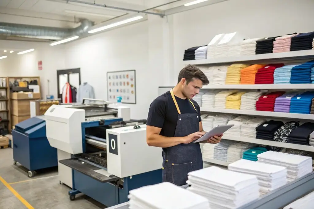 Small business owner managing T-shirt inventory in a print shop