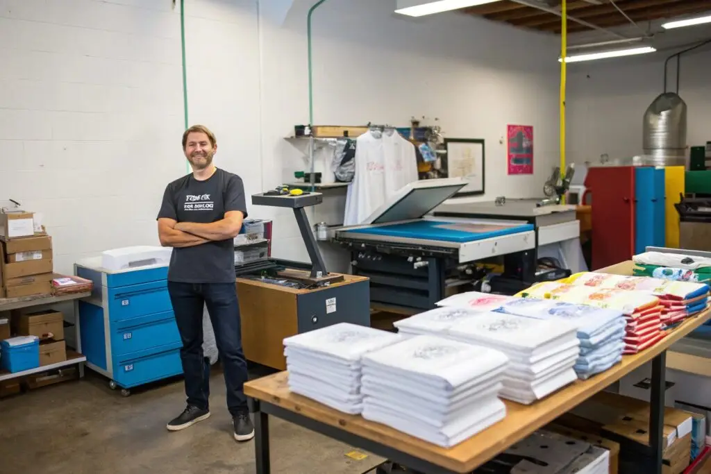 Small business owner standing in a well-organized screen printing workshop