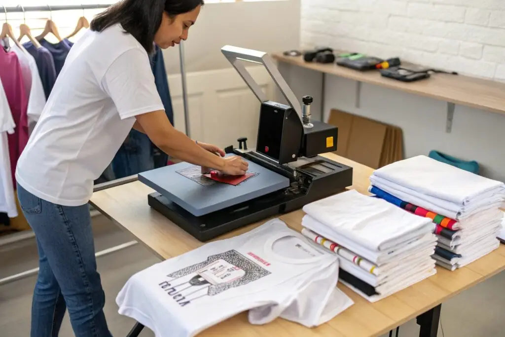 Small business owner using a heat press machine for custom t-shirts