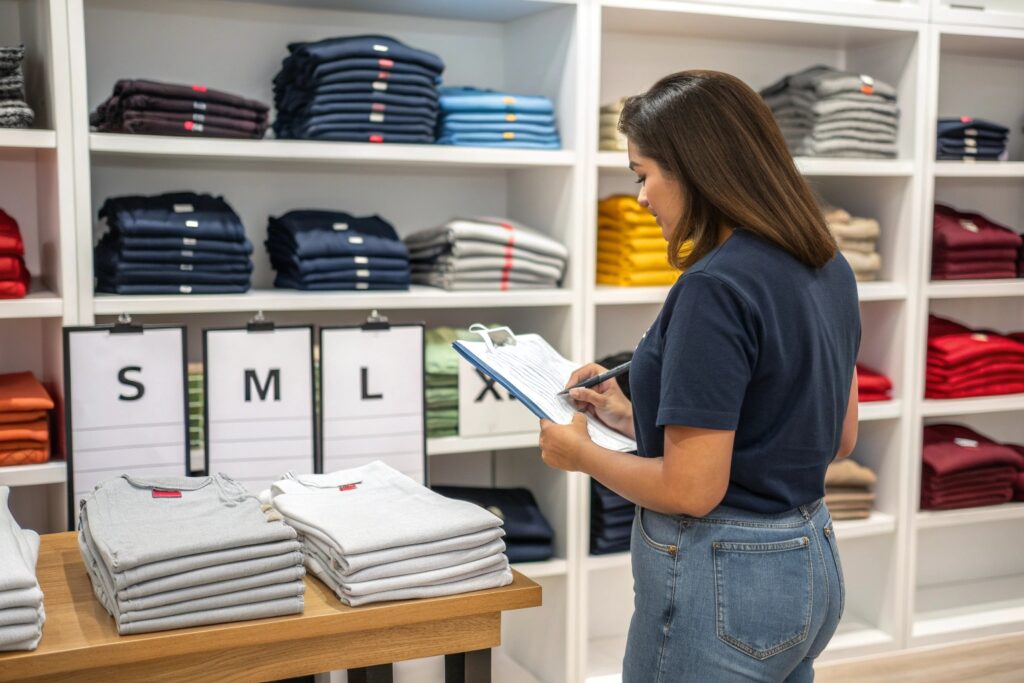Retail worker organizing t-shirts by size in a clothing store