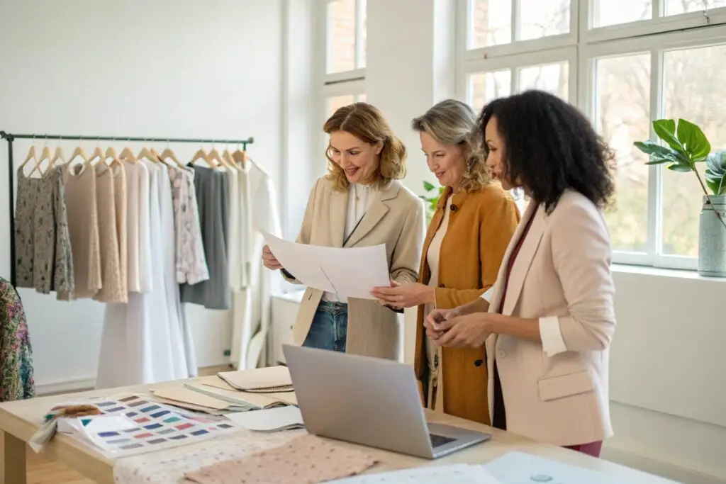 Fashion brand team reviewing plans with fabric swatches and samples