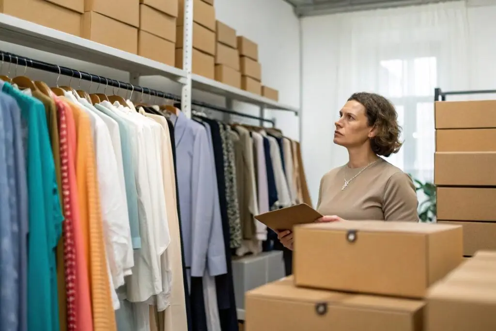 Fashion studio with neatly arranged clothing and boxes, managing inventory
