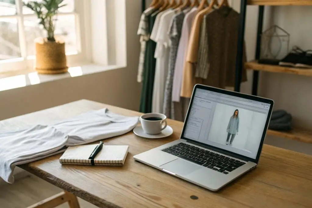 Fashion workspace with laptop displaying clothing design and fabric samples