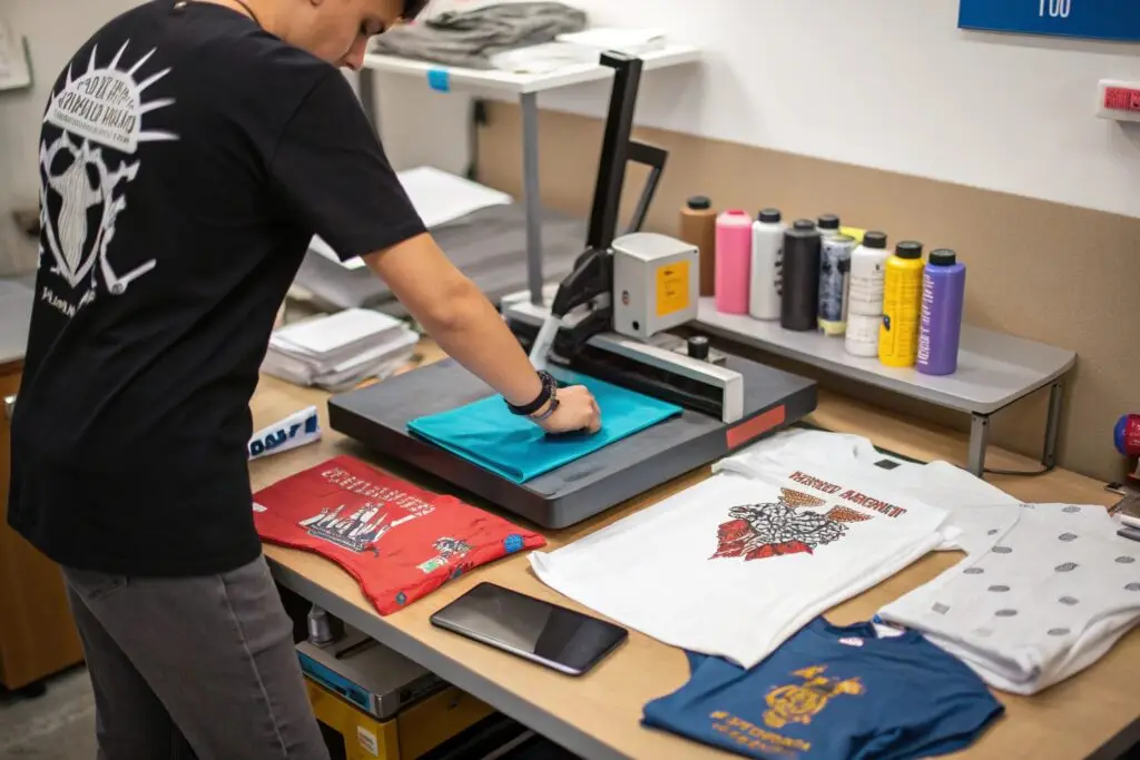 Worker using a heat press for t-shirt customization
