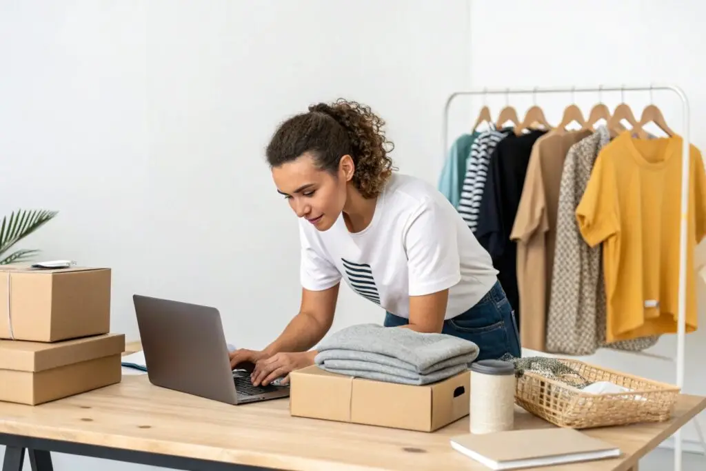 Fashion seller managing online orders and inventory for clothing business
