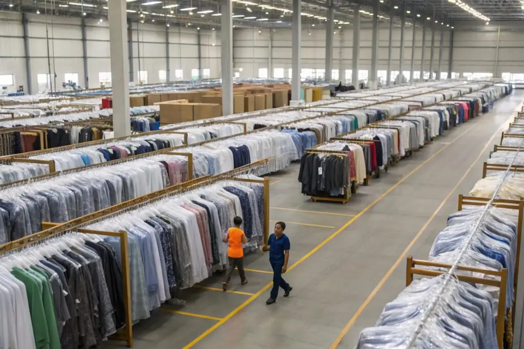 Large clothing warehouse with garments organized on racks