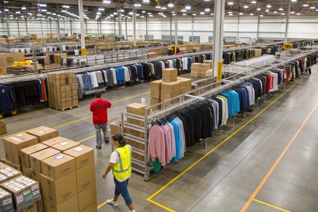 Clothing distribution center with organized inventory and workers
