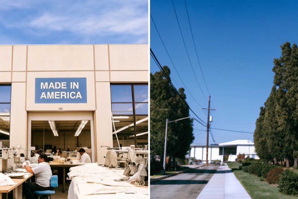 American garment factory exterior with workers sewing inside