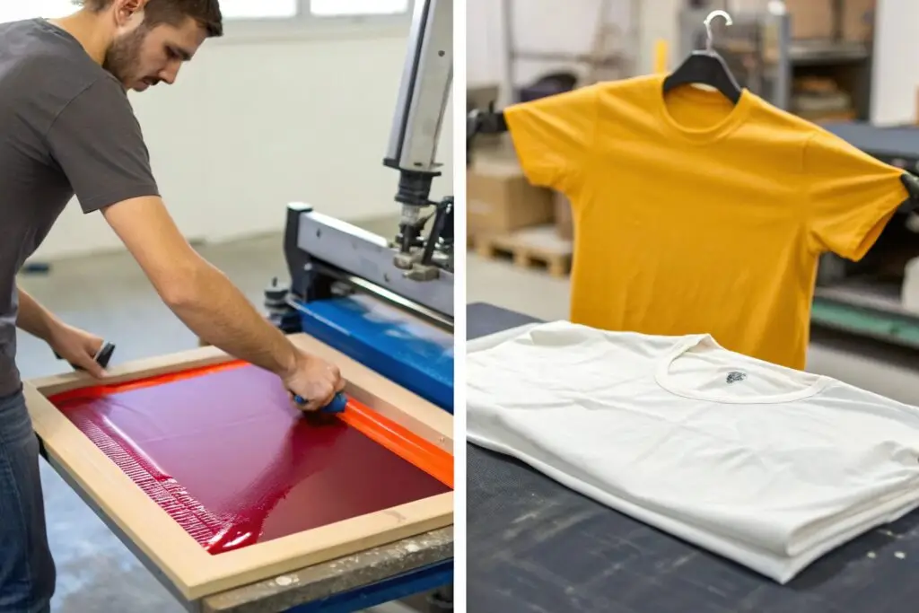 Side-by-side comparison of heat press and screen printing methods