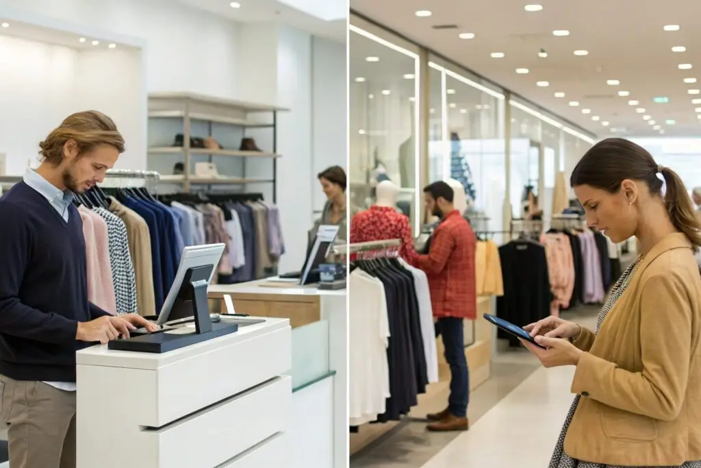 split view of traditional vs. modern fashion retail experience