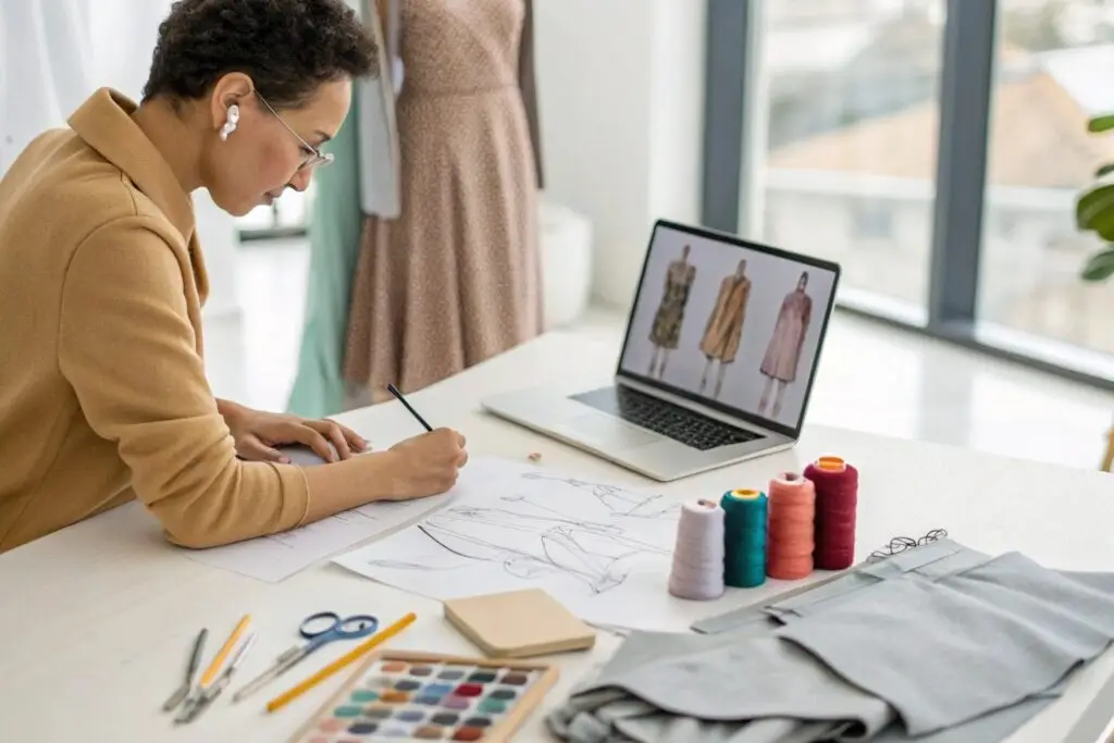 Fashion designer sketching dress designs with fabric and thread spools